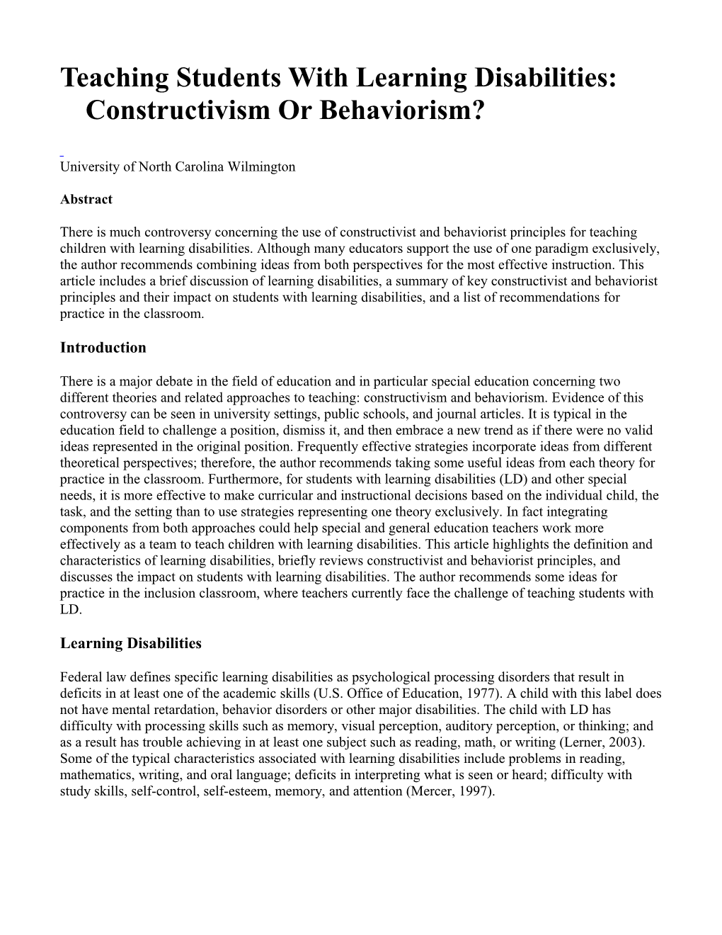 Teaching Students with Learning Disabilities: Constructivism Or Behaviorism