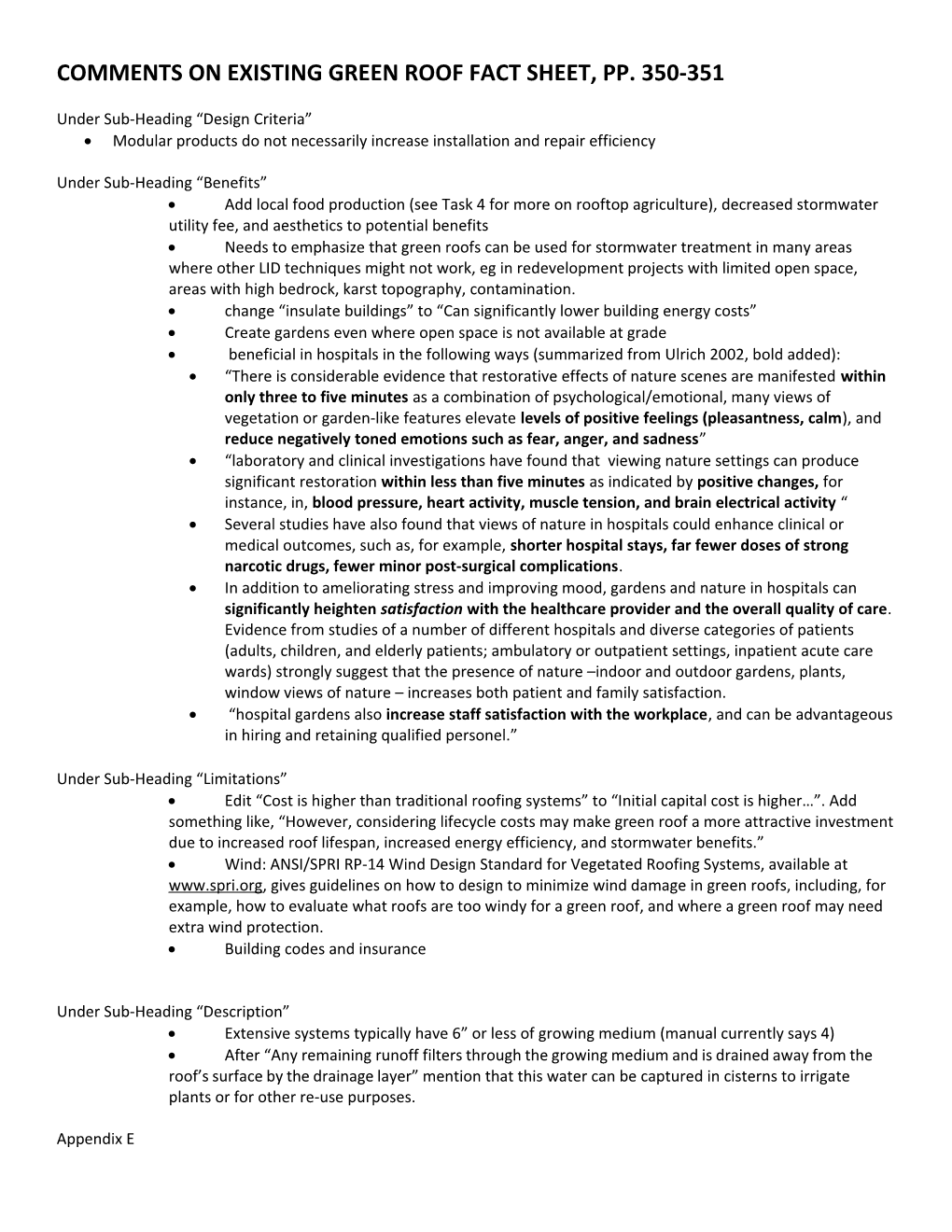 Comments on Existing Green Roof Fact Sheet, Pp. 350-351