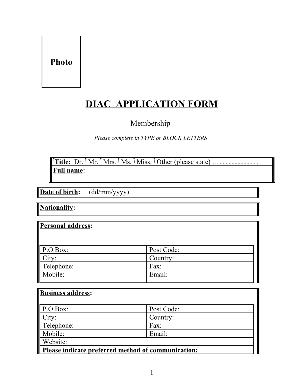 Diac Application Form