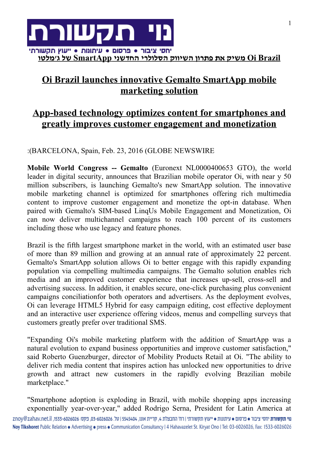 Oi Brazil Launches Innovative Gemalto Smartapp Mobilemarketing Solution
