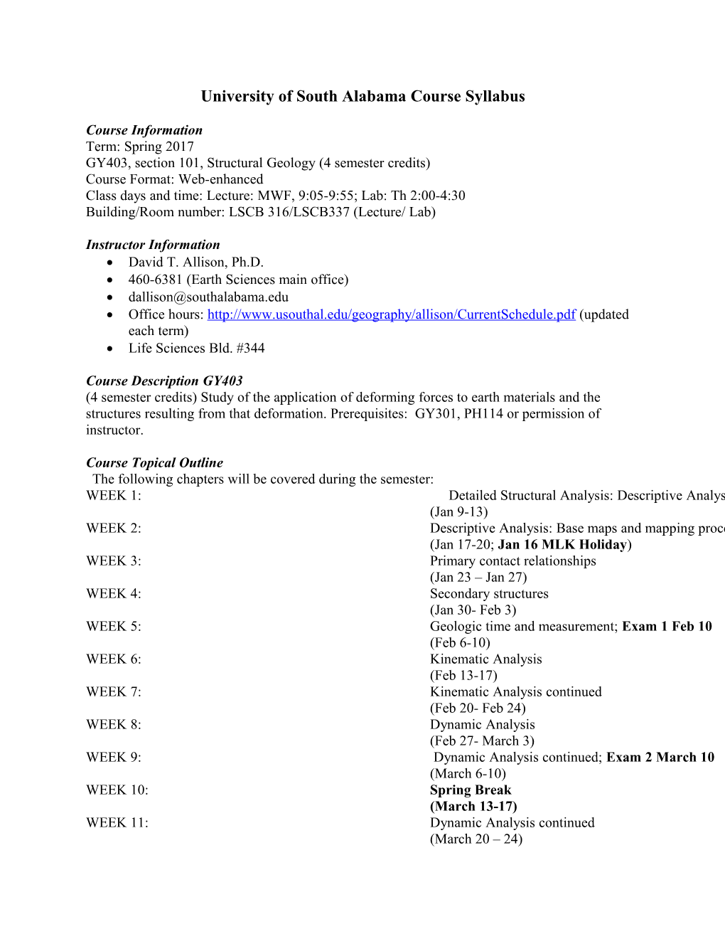 University of Southalabama Course Syllabus