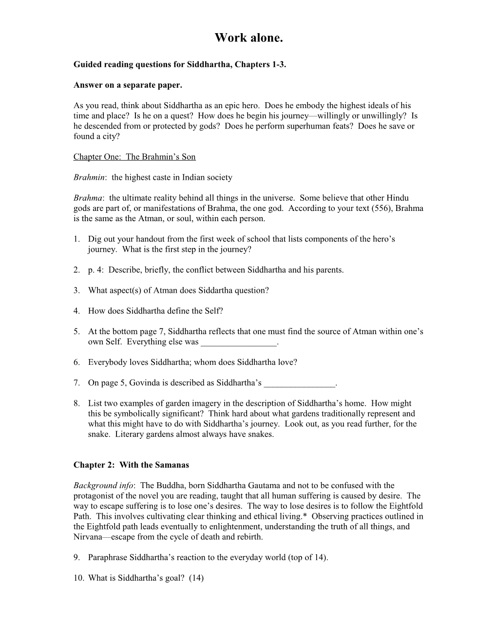 Guided Reading Questions for Siddhartha, Chapters 1-3