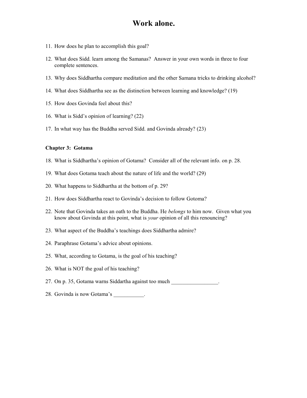 Guided Reading Questions for Siddhartha, Chapters 1-3