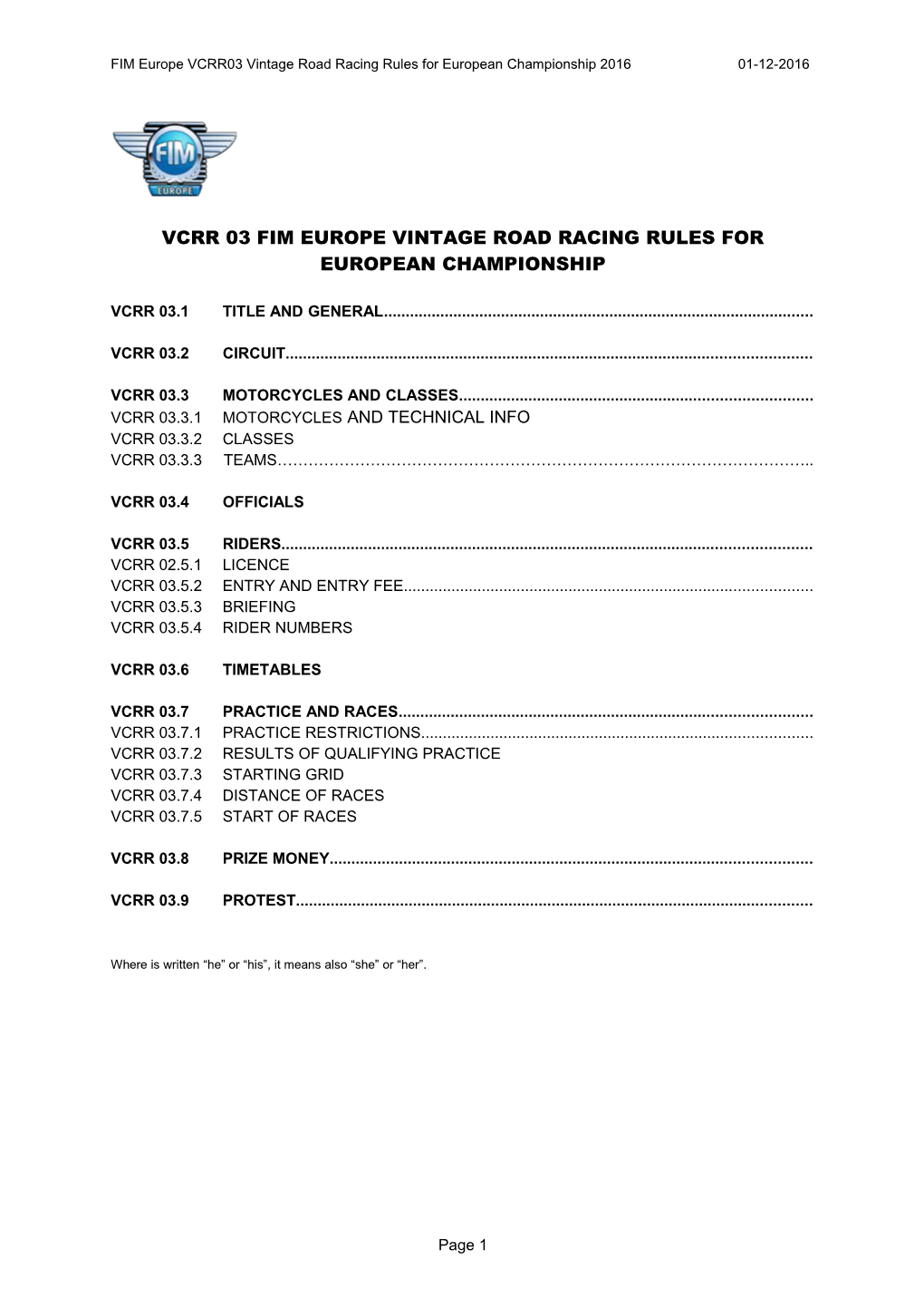 Vcrr 03 Fim Europe Vintage Road Racing Rules for European Championship