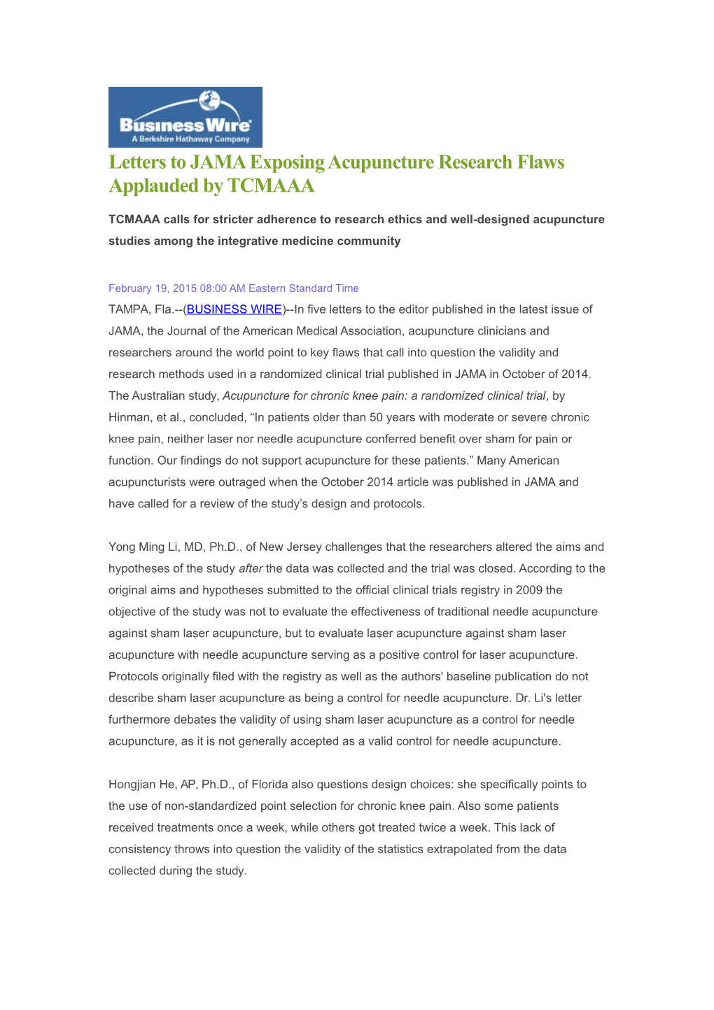 Letters to JAMA Exposing Acupuncture Research Flaws Applauded by TCMAAA