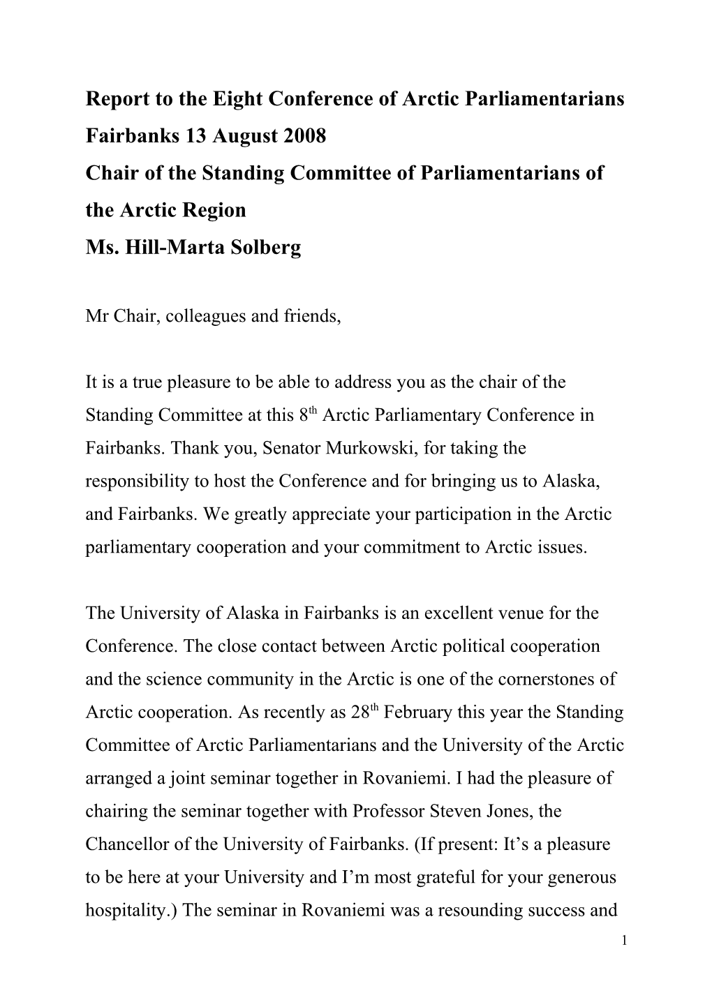 Report to the Eight Conference of Arctic Parliamentarians