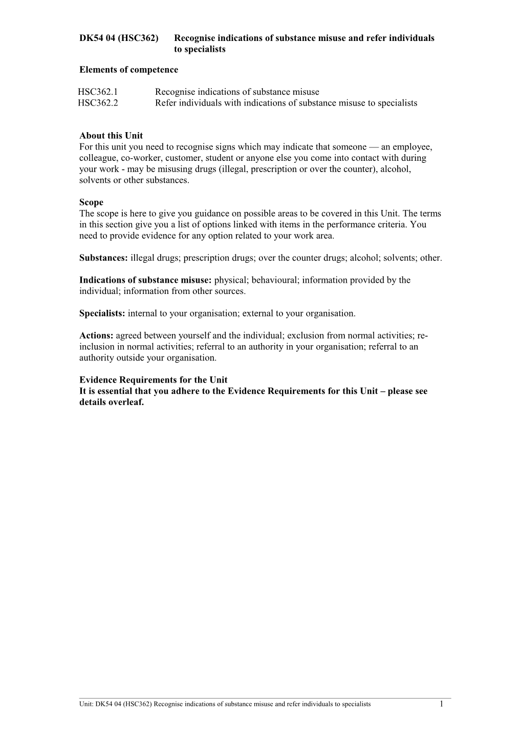 DK54 04 (HSC362)Recognise Indications of Substance Misuse and Refer Individuals to Specialists