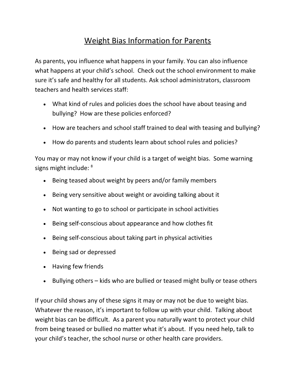 Weight Bias Information for Parents