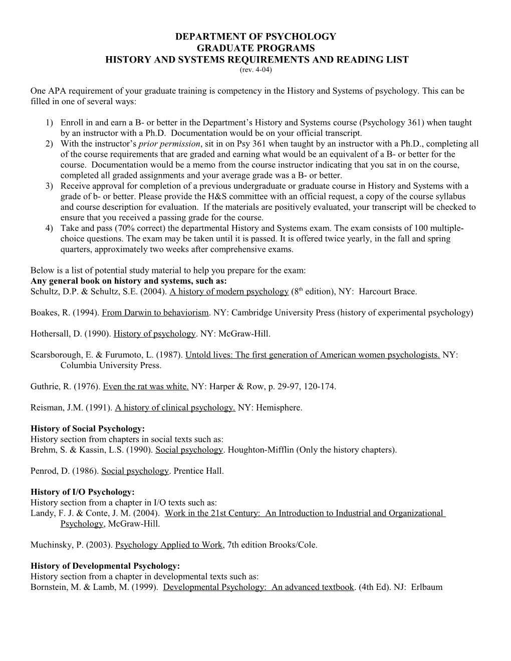 History and Systems Requirements and Reading List