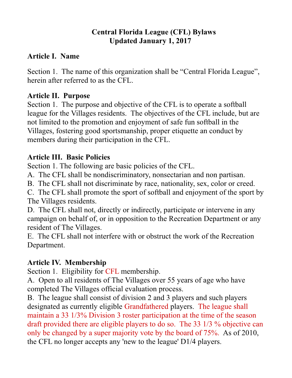 Central Florida League (CFL) Bylaws