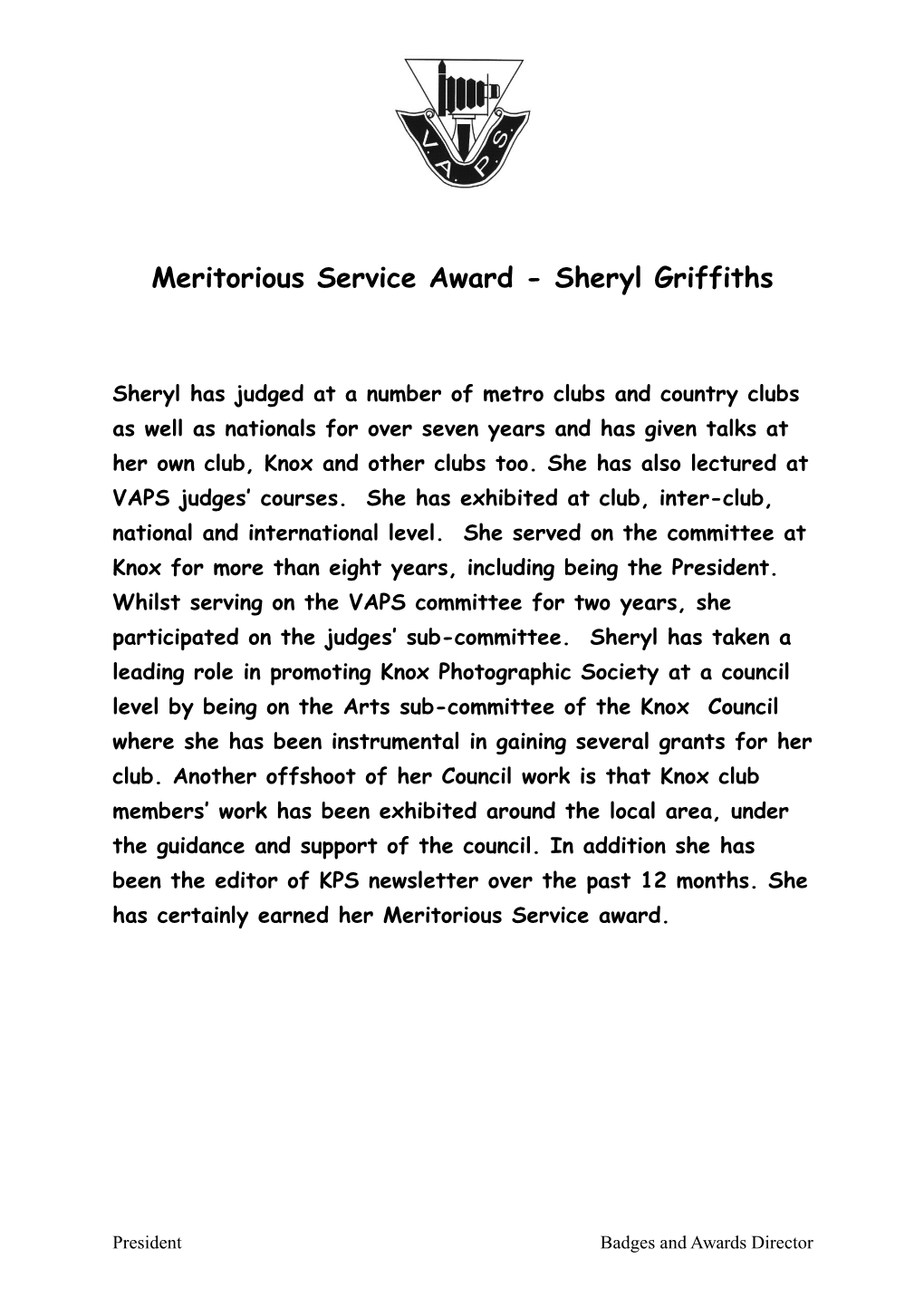 Meritorious Service Award - Brian Cohn