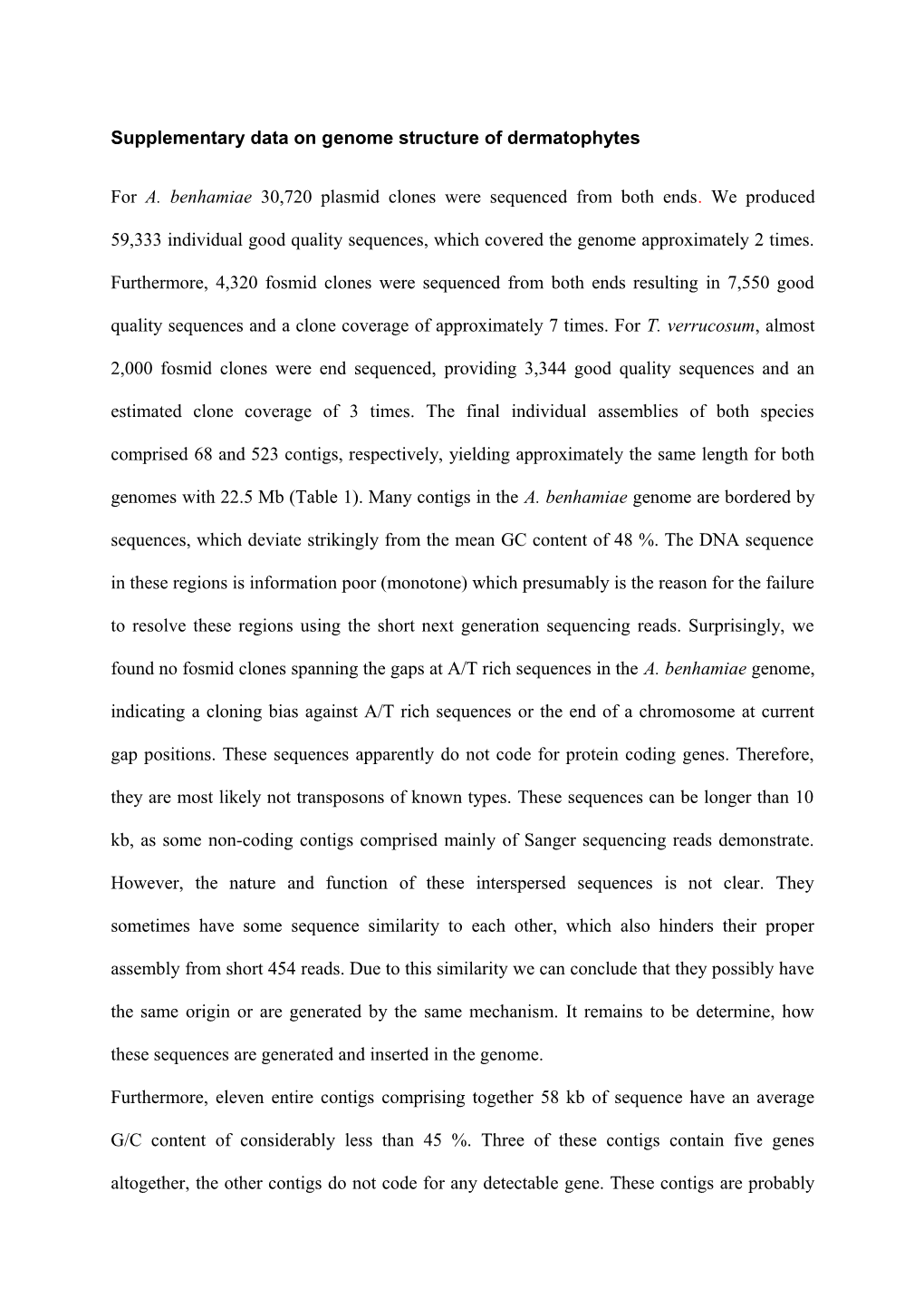 Supplementary Data on Genome Structure of Dermatophytes