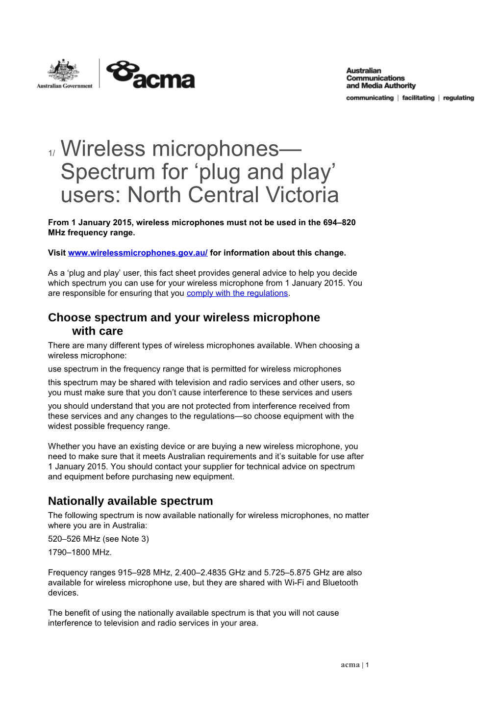 Wireless Microphones Spectrum for Plug and Play Users: North Central Victoria