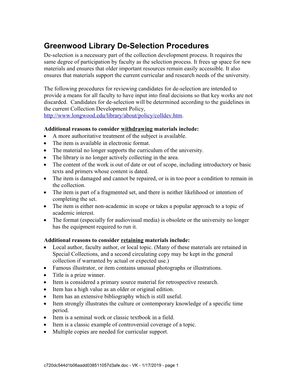 Greenwood Library De-Selection Procedures Draft