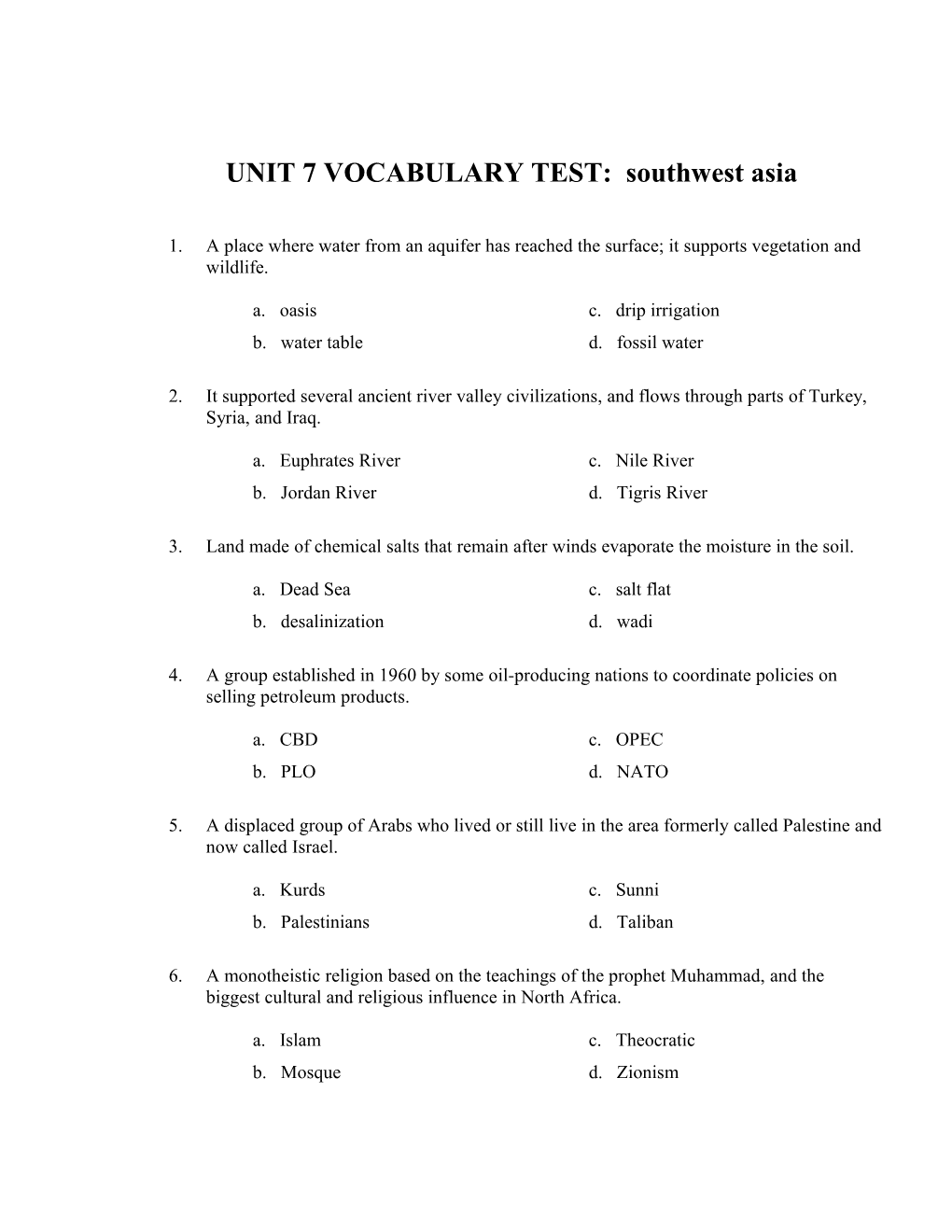 UNIT 7 VOCABULARY TEST: Southwest Asia