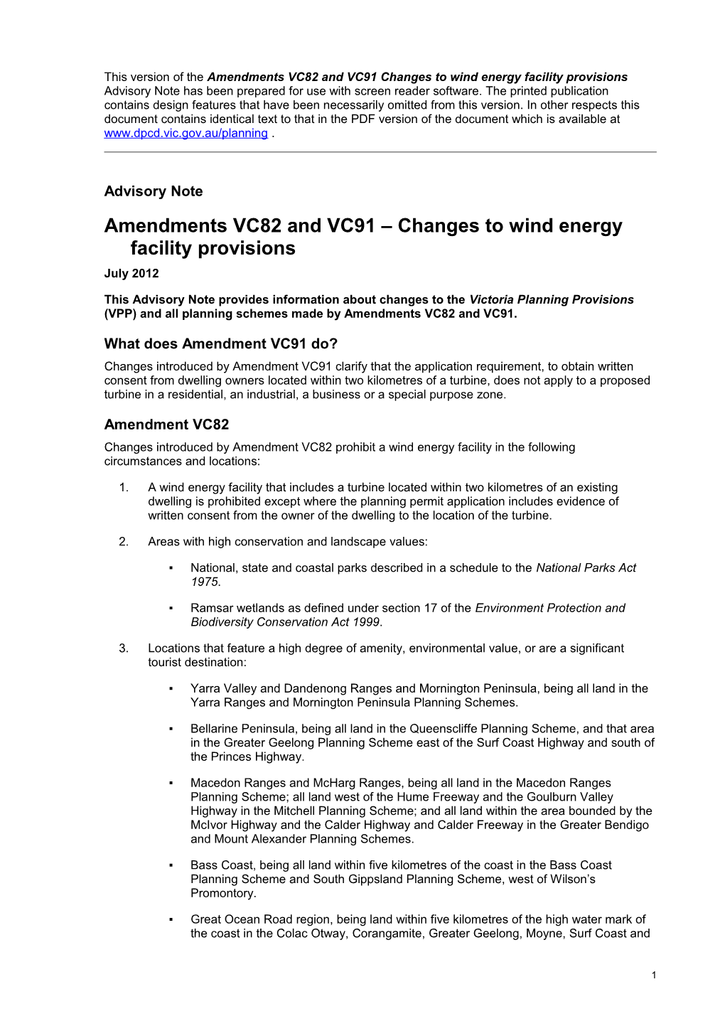 Amendments VC82 and VC91 Changes to Wind Energy Facility Provisions Advisory Note