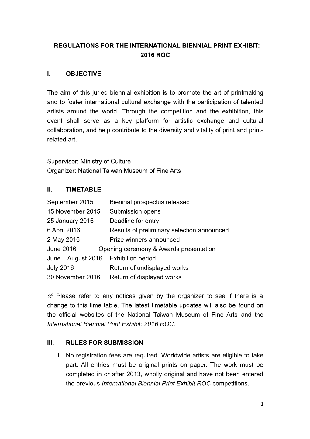 Regulations for the International Biennial Print Exhibit: 2016 Roc