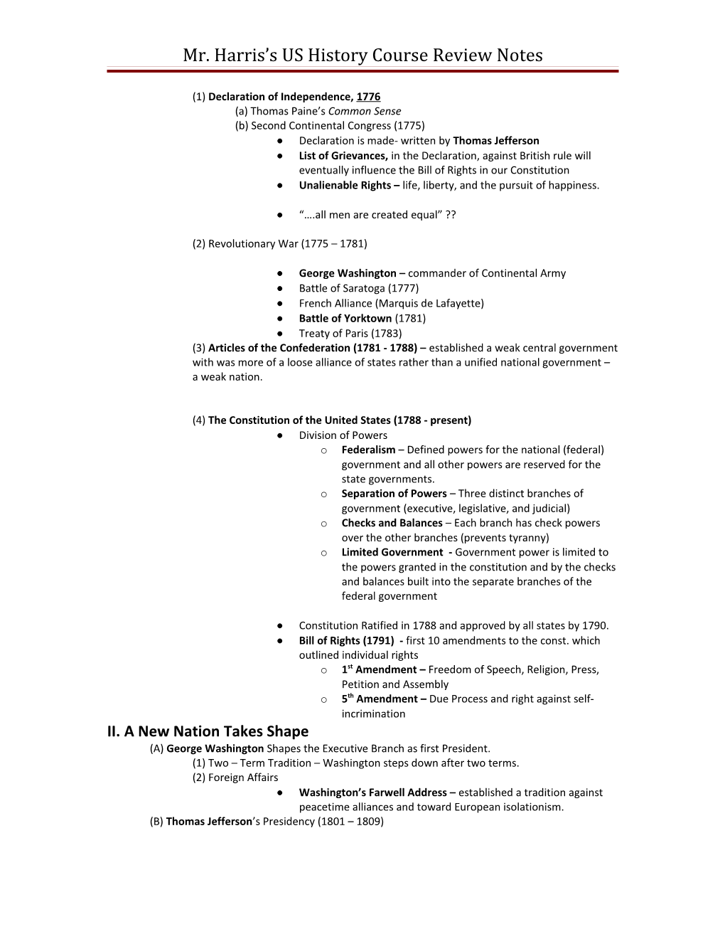 Mr. Harris S US History TAKS Review Notes