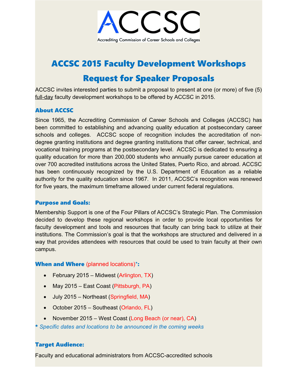 ACCSC 2015 Faculty Development Workshops