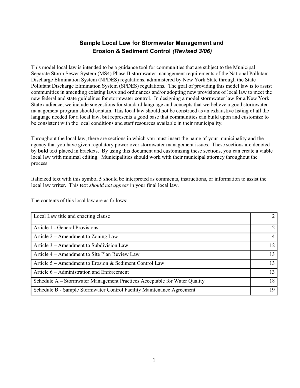 Model Local Law for Stormwater Management And