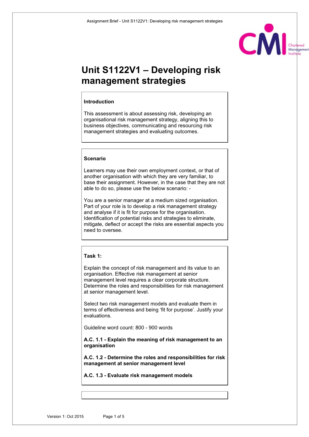 Assignment Brief - Unit S1122V1: Developing Risk Management Strategies
