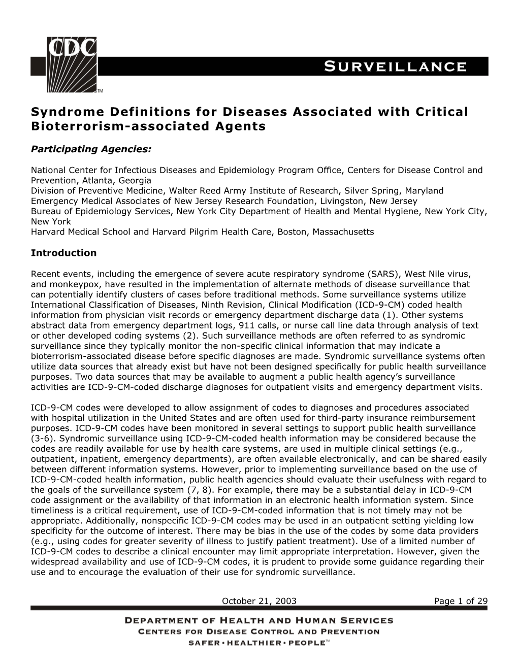 Syndrome Definitions for Diseases Associated with Critical Bioterrorism-Associated Agents