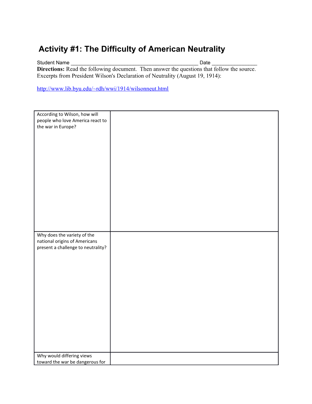 Activity #1: the Difficulty of American Neutrality