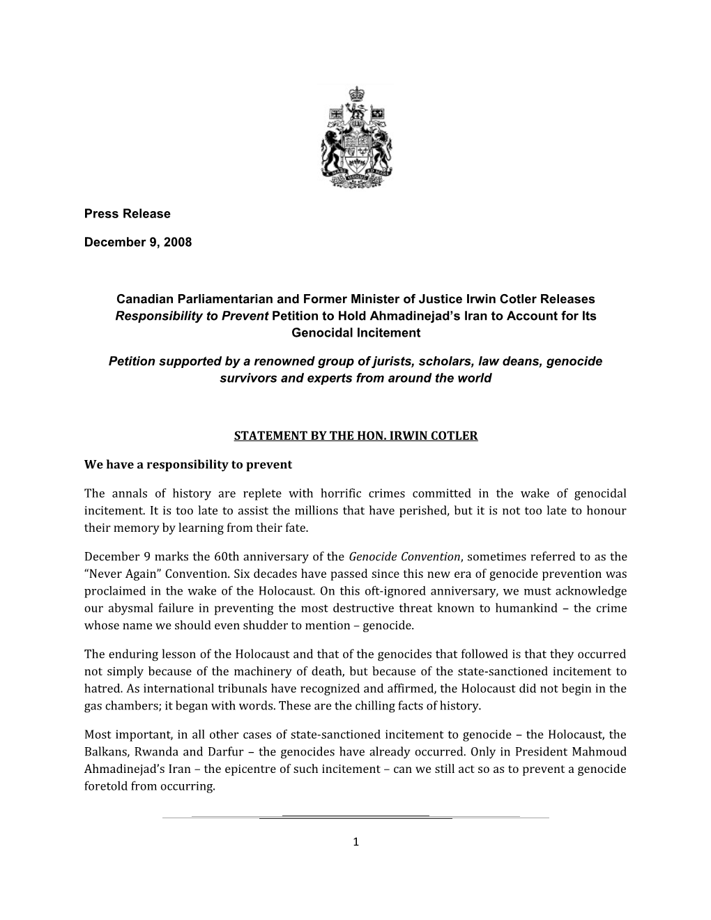 Statement by the Hon. Irwin Cotler