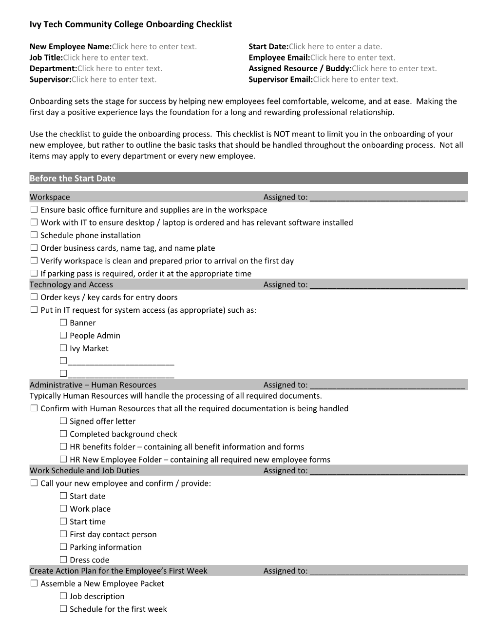 Ivy Tech Community College Onboarding Checklist