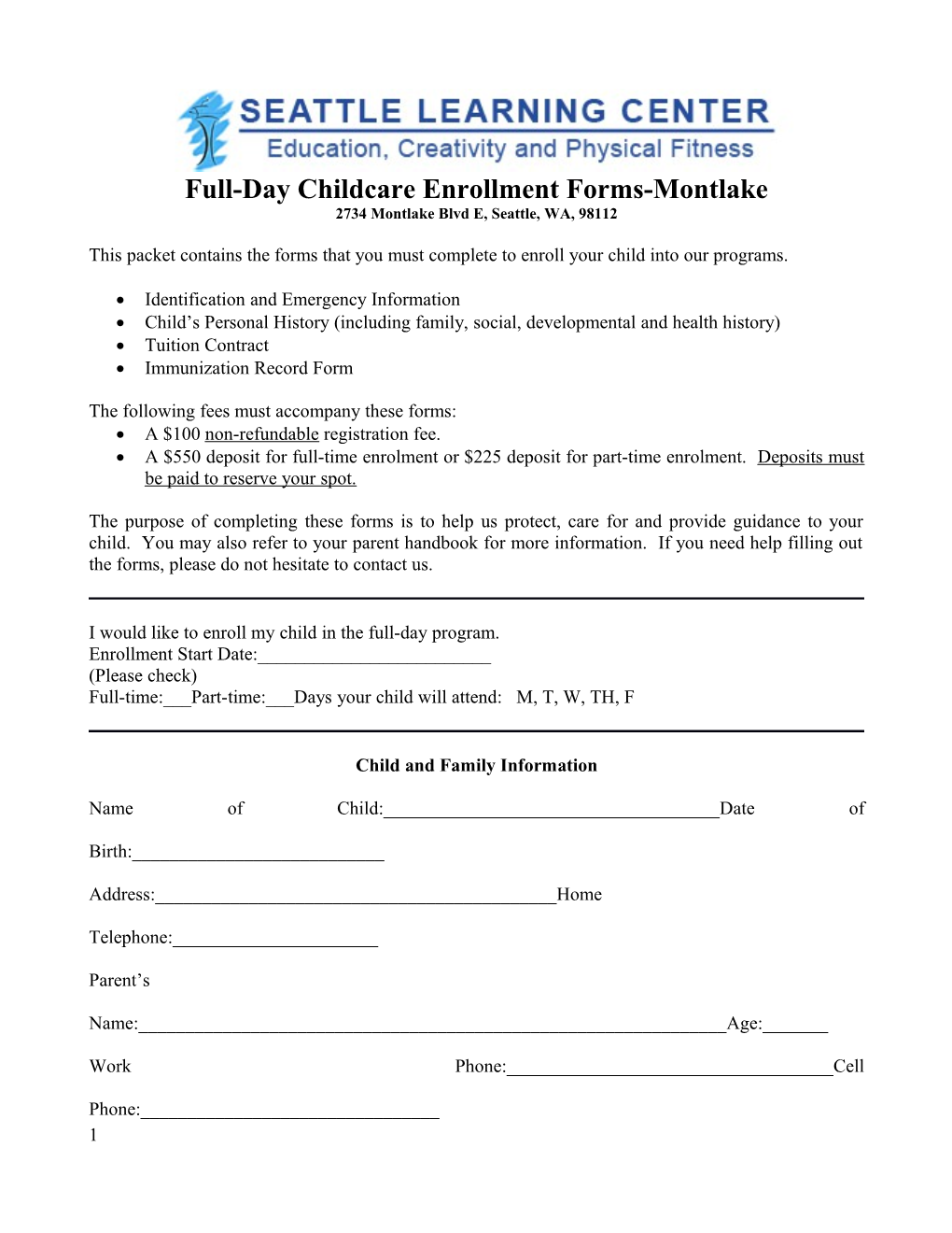 Full-Day Childcare Enrollment Forms-Montlake
