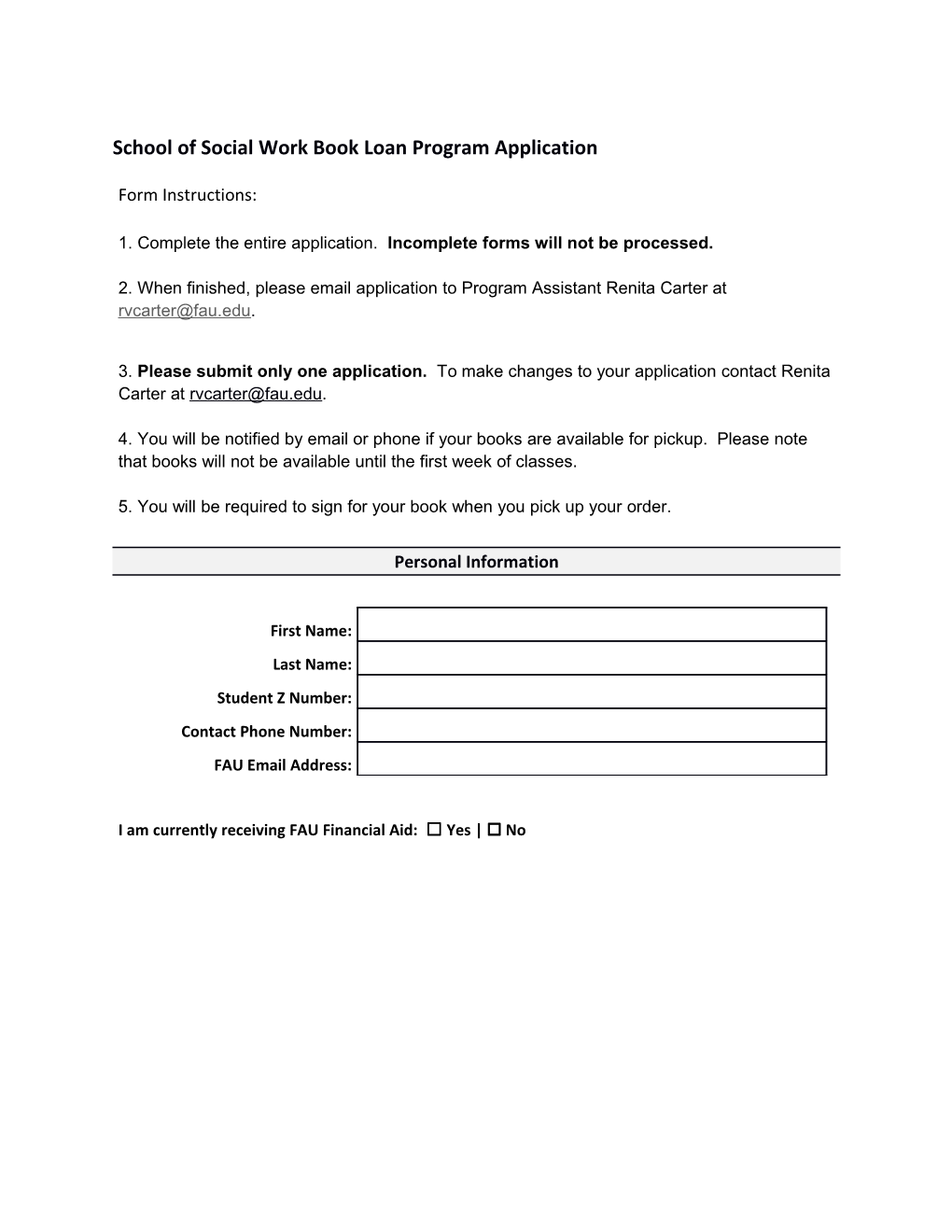 School of Social Work Book Loan Program Application