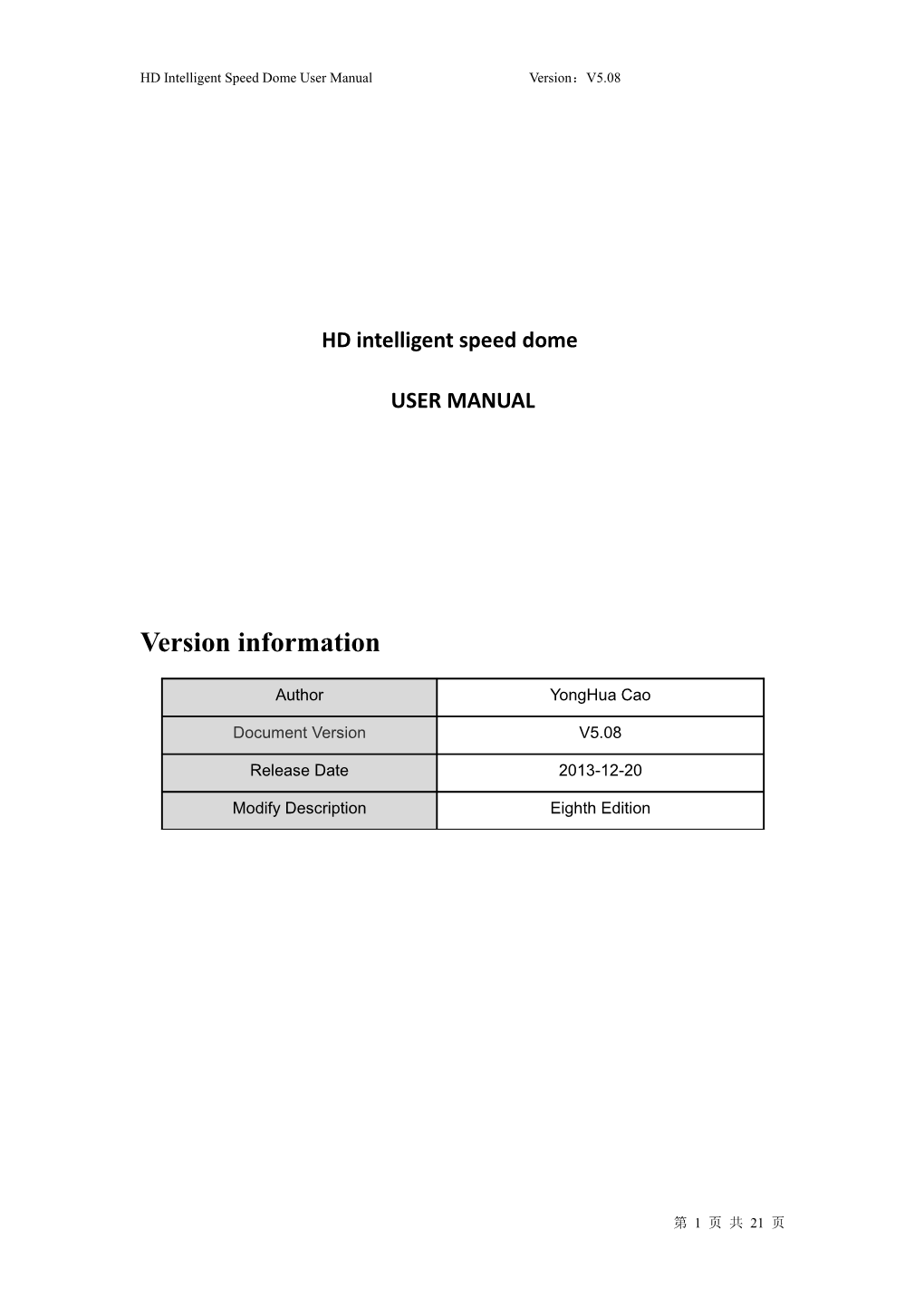 HD Intelligent Speed Dome User Manual Version V5.08