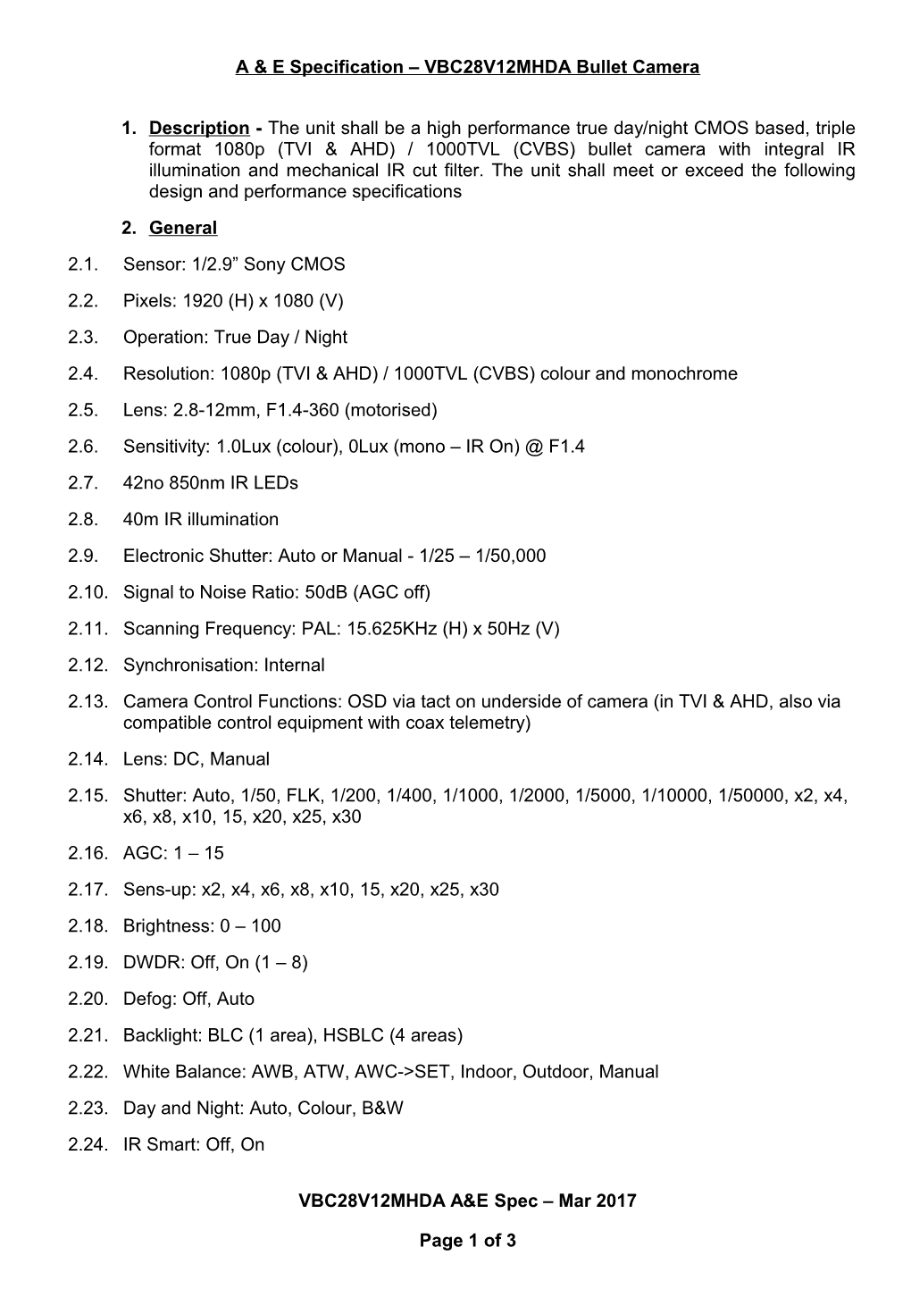 A & E Specification VBC28V12MHDA Bullet Camera