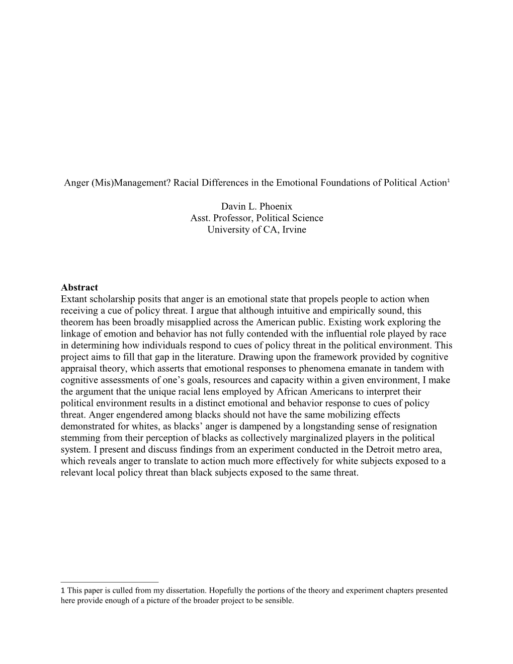 Anger (Mis)Management? Racial Differences in the Emotional Foundations of Political Action 1