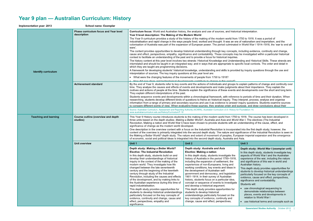 Year 9 Year Plan Australian Curriculum: History