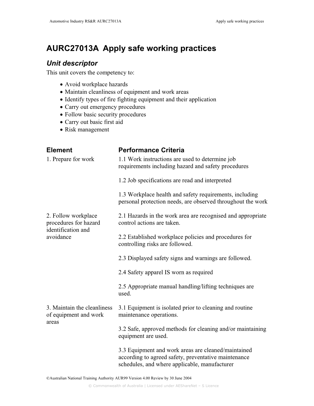 AURC27013A Apply Safe Working Practices