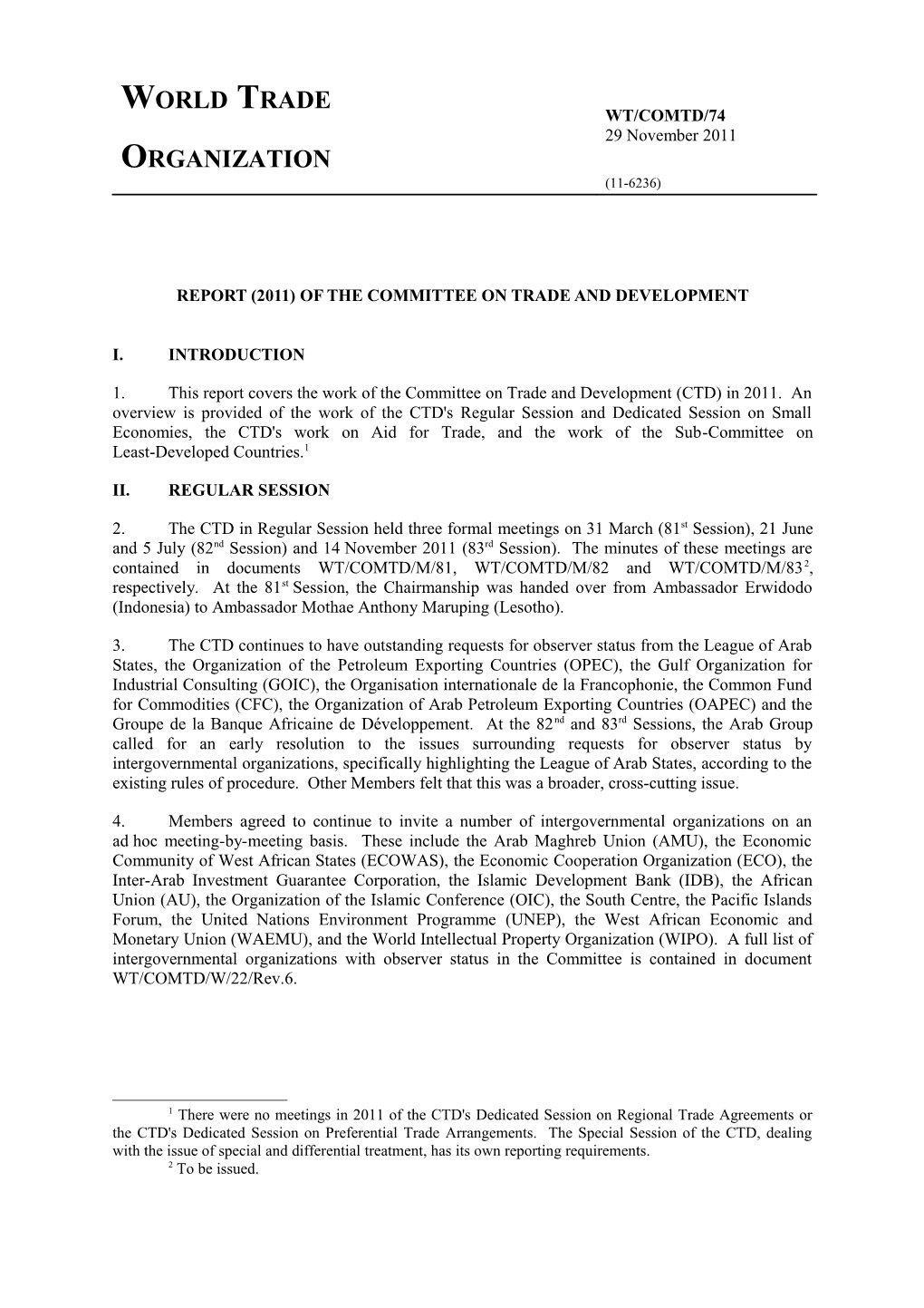 Report (2011) of the Committee on Trade and Development