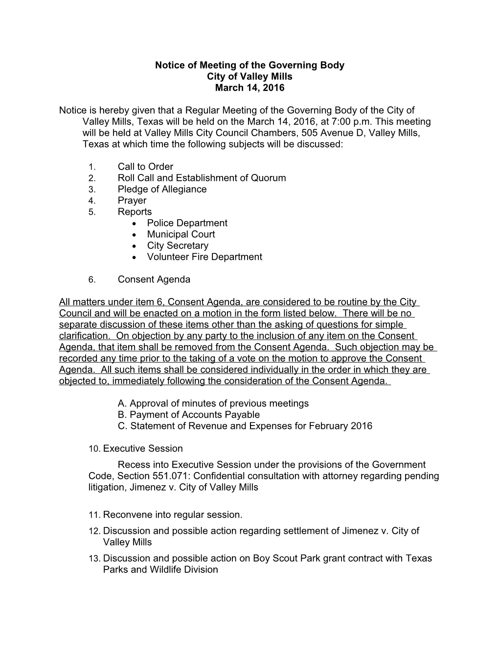 Notice of Meeting of the Governing Body