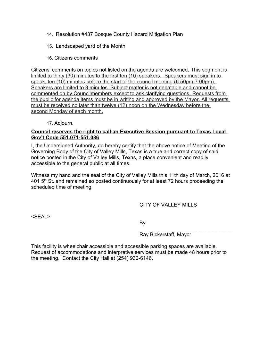 Notice of Meeting of the Governing Body