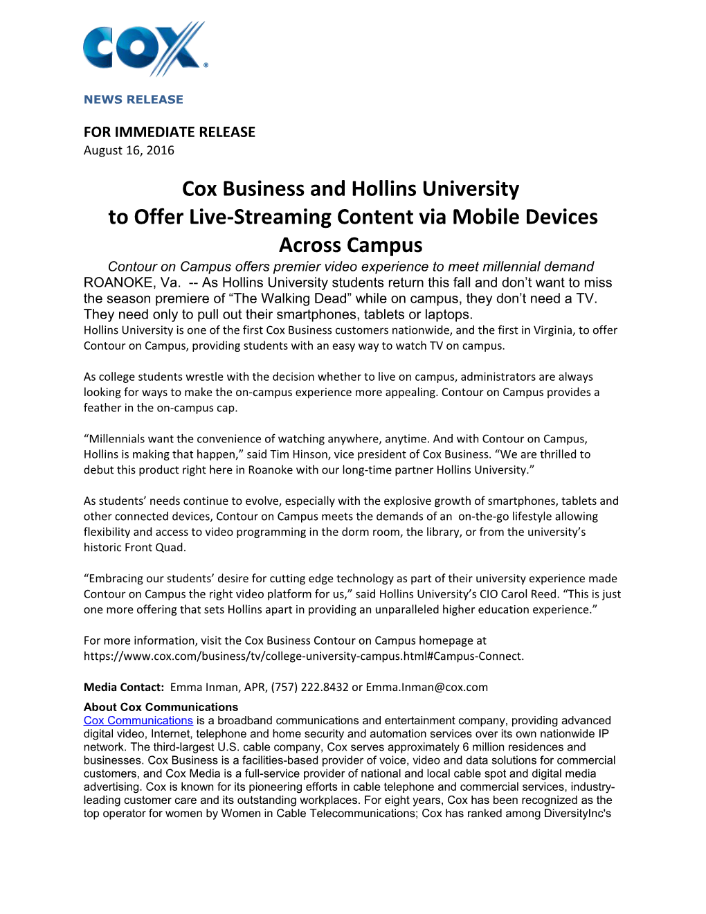 To Offer Live-Streaming Content Via Mobile Devices Across Campus