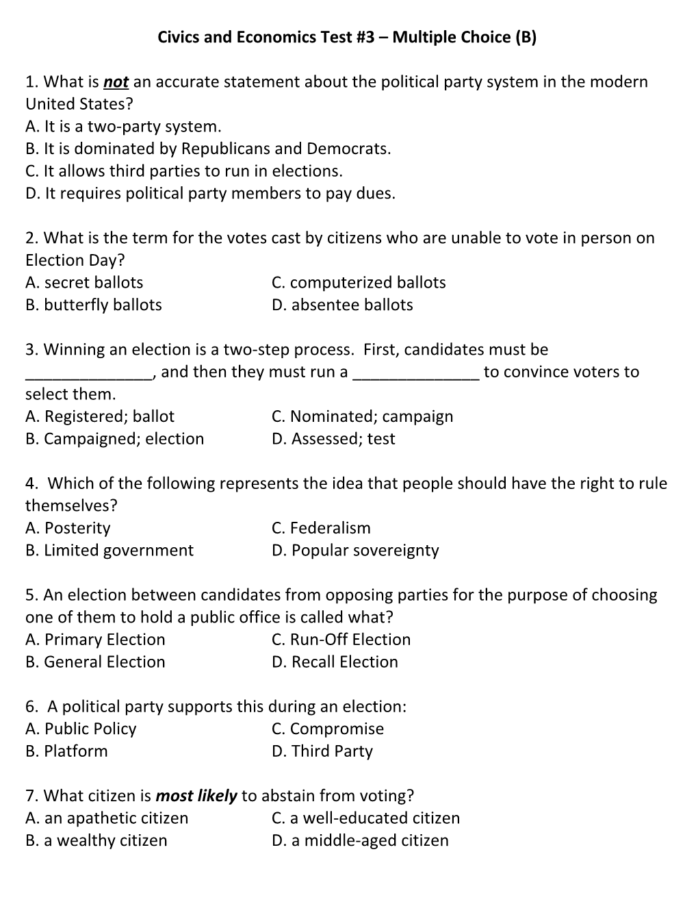 Civics and Economics Test #3 Multiple Choice (B)