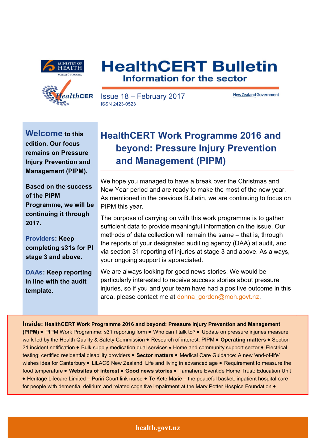 Healthcert Work Programme 2016 and Beyond: Pressure Injury Prevention and Management (PIPM)