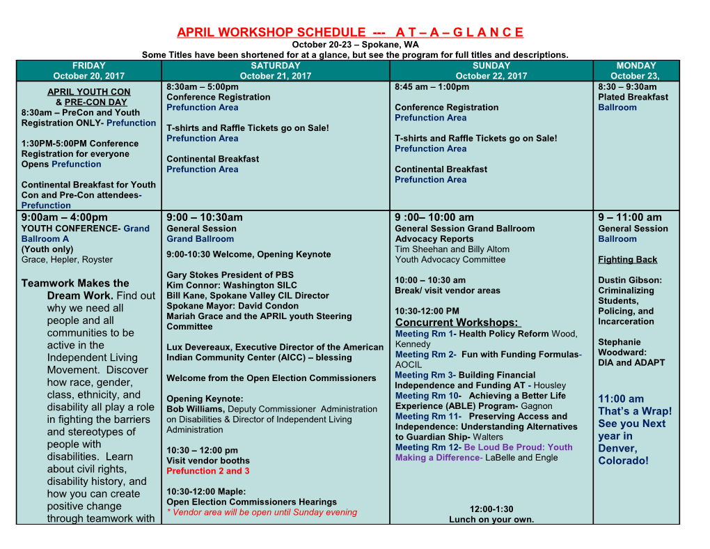 Some Titles Have Been Shortened for at a Glance, but See the Program for Full Titles And