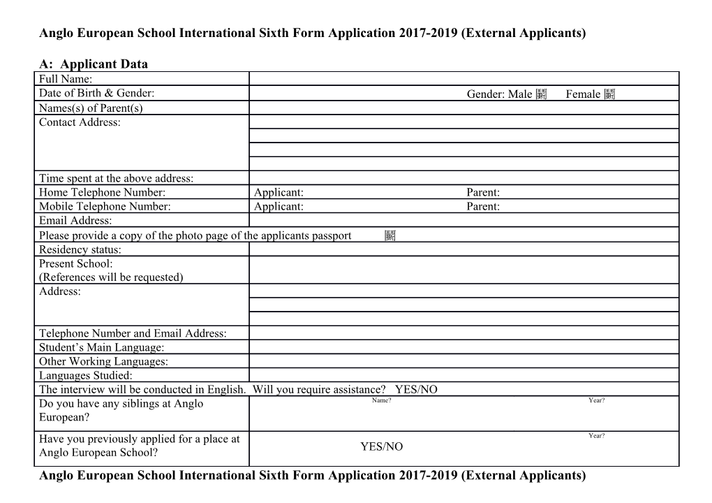 Anglo European School International Sixth Form Application 2017-2019 (External Applicants)