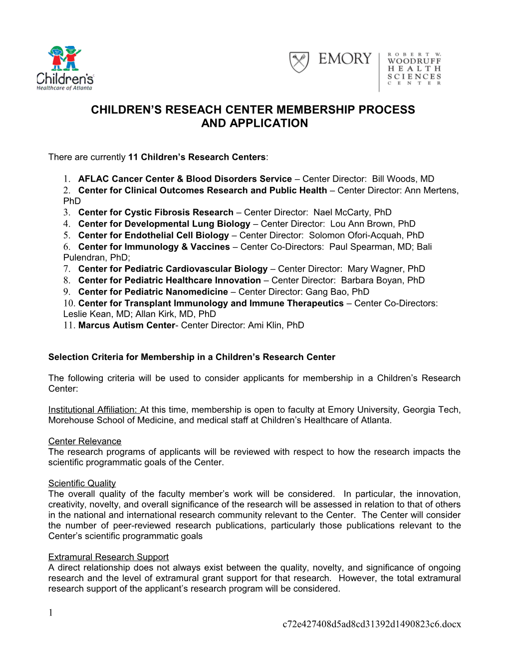 Children S Reseach Center Membership Process