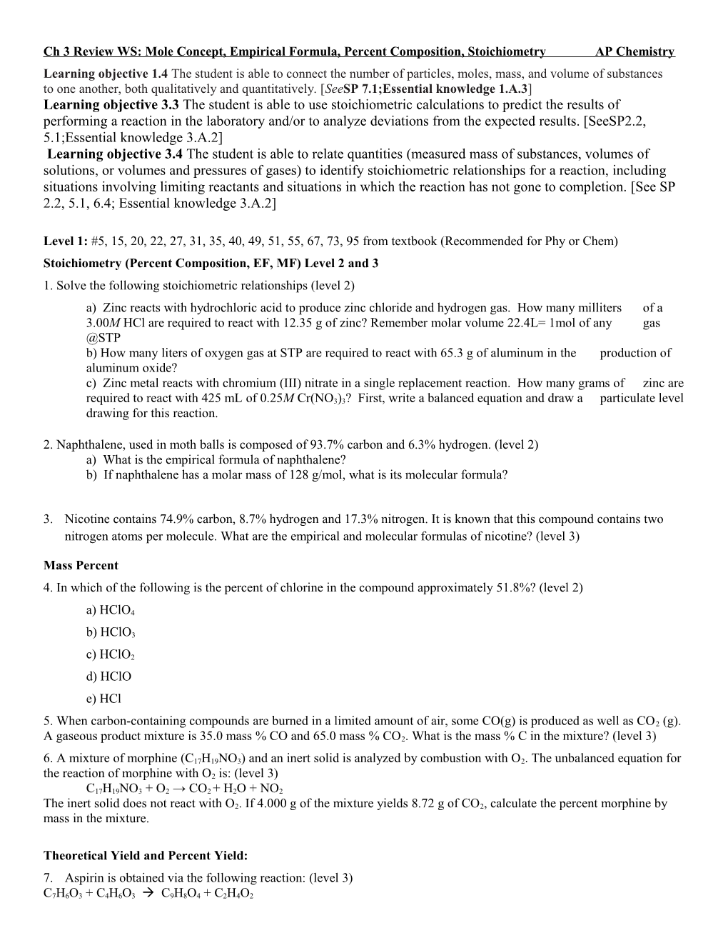 Ch 3 Review WS: Mole Concept, Empirical Formula, Percent Composition, Stoichiometry AP Chemistry