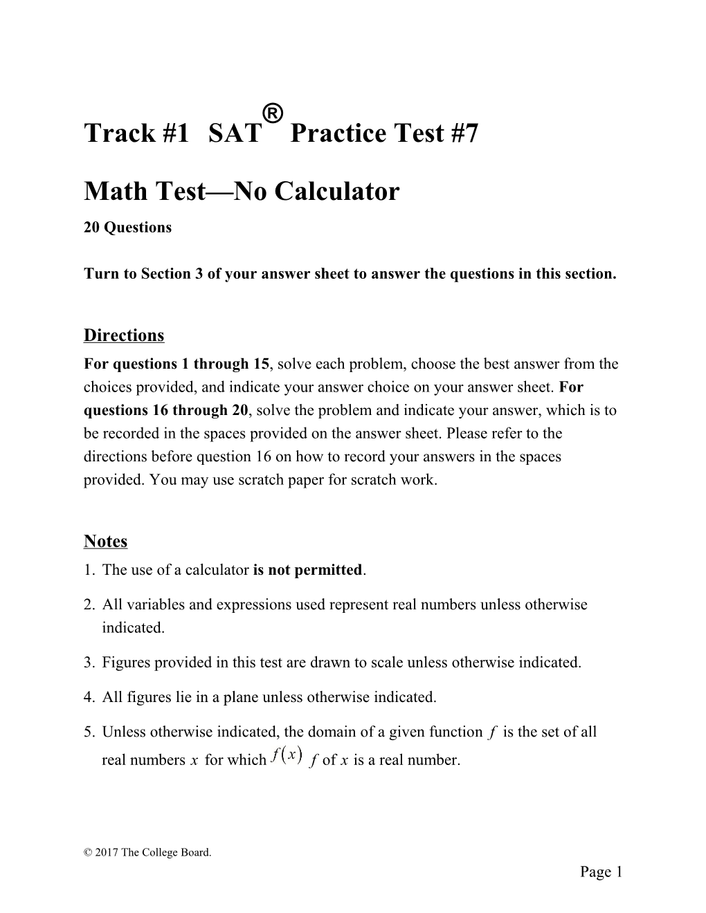 SAT Practice Test 7 for Assistive Technology Math Test, No Calculator SAT Suite of Assessments