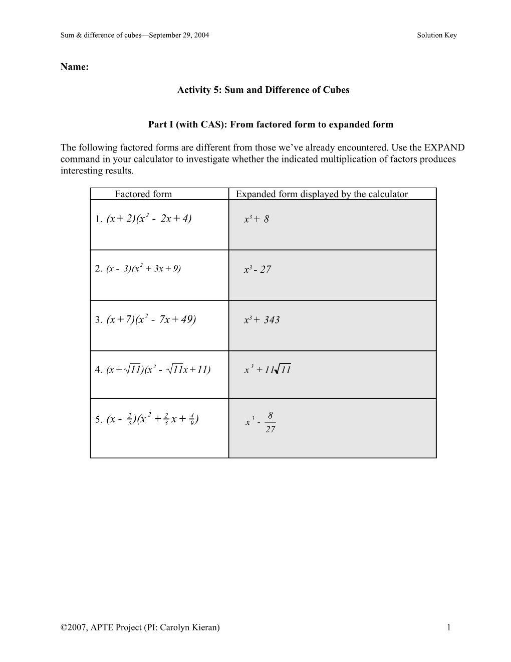 Activity 5: Sum and Difference of Cubes