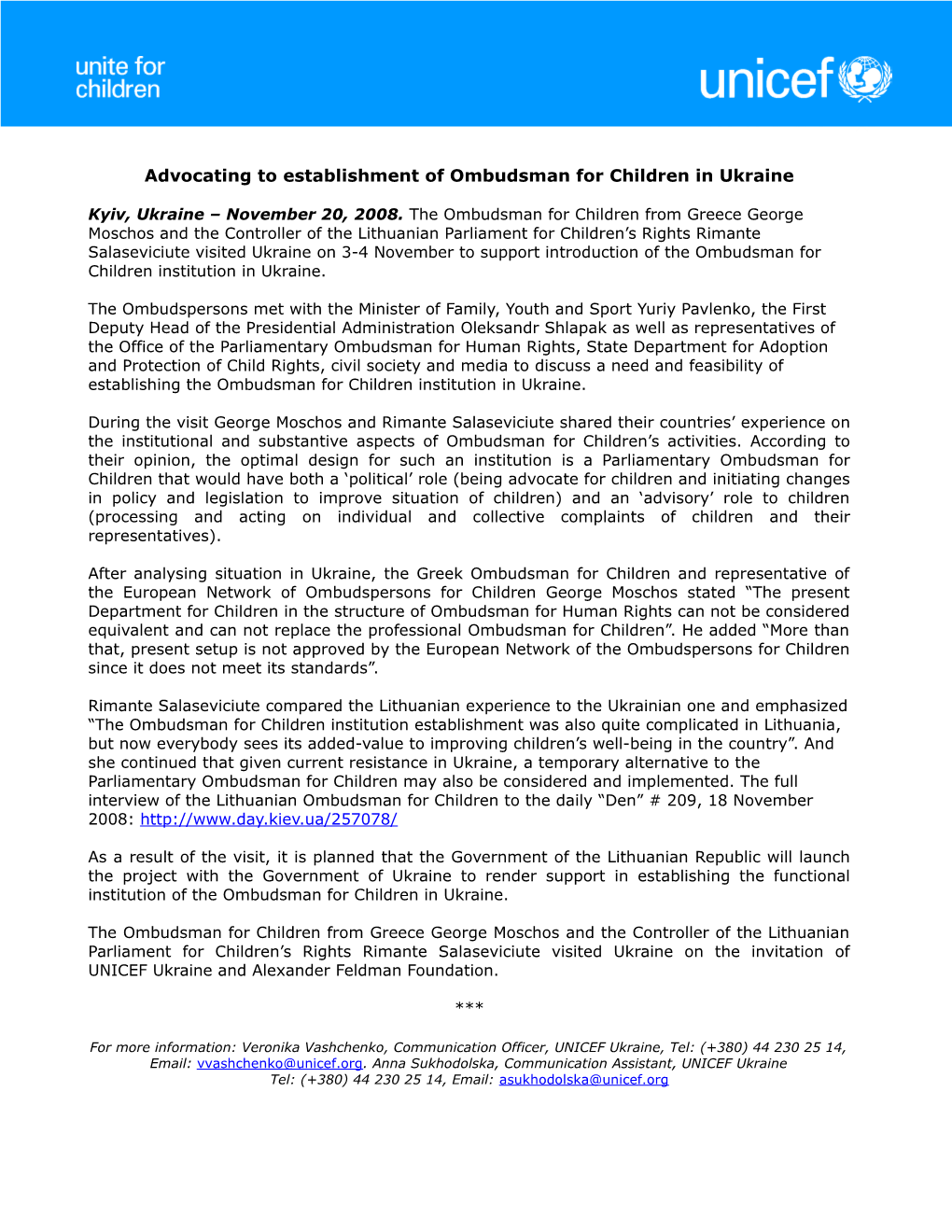 Advocatingto Establishment of Ombudsman for Children in Ukraine