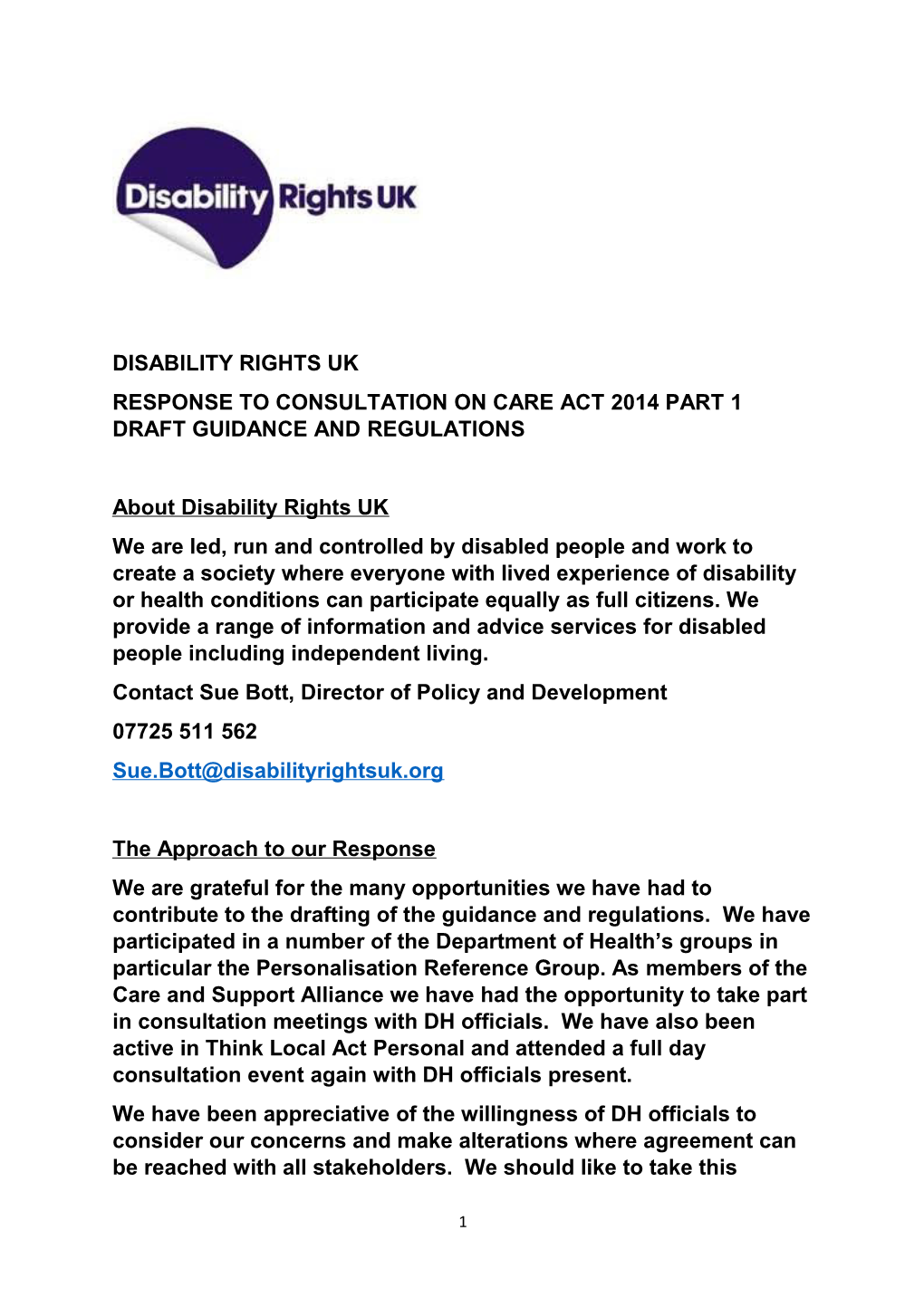 Response to Consultation on Care Act 2014 Part 1 Draft Guidance and Regulations